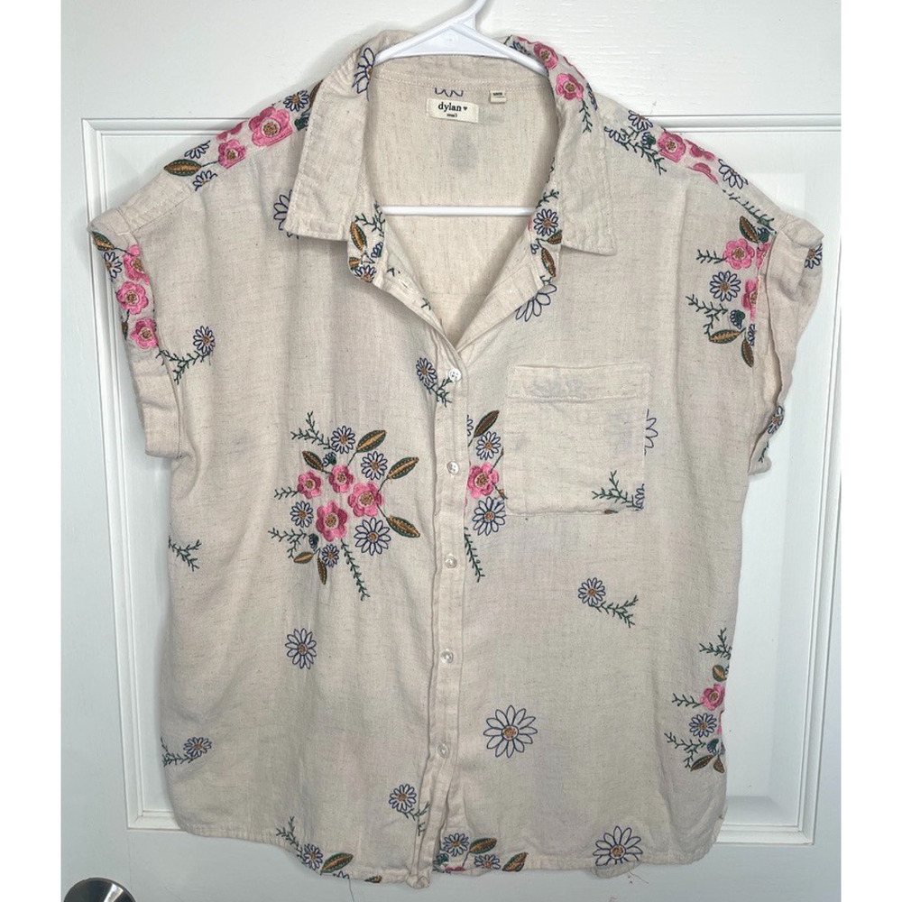 Women's Floral Embroidered Camp Button Down Shirt Sz S Cotton Boho Resort